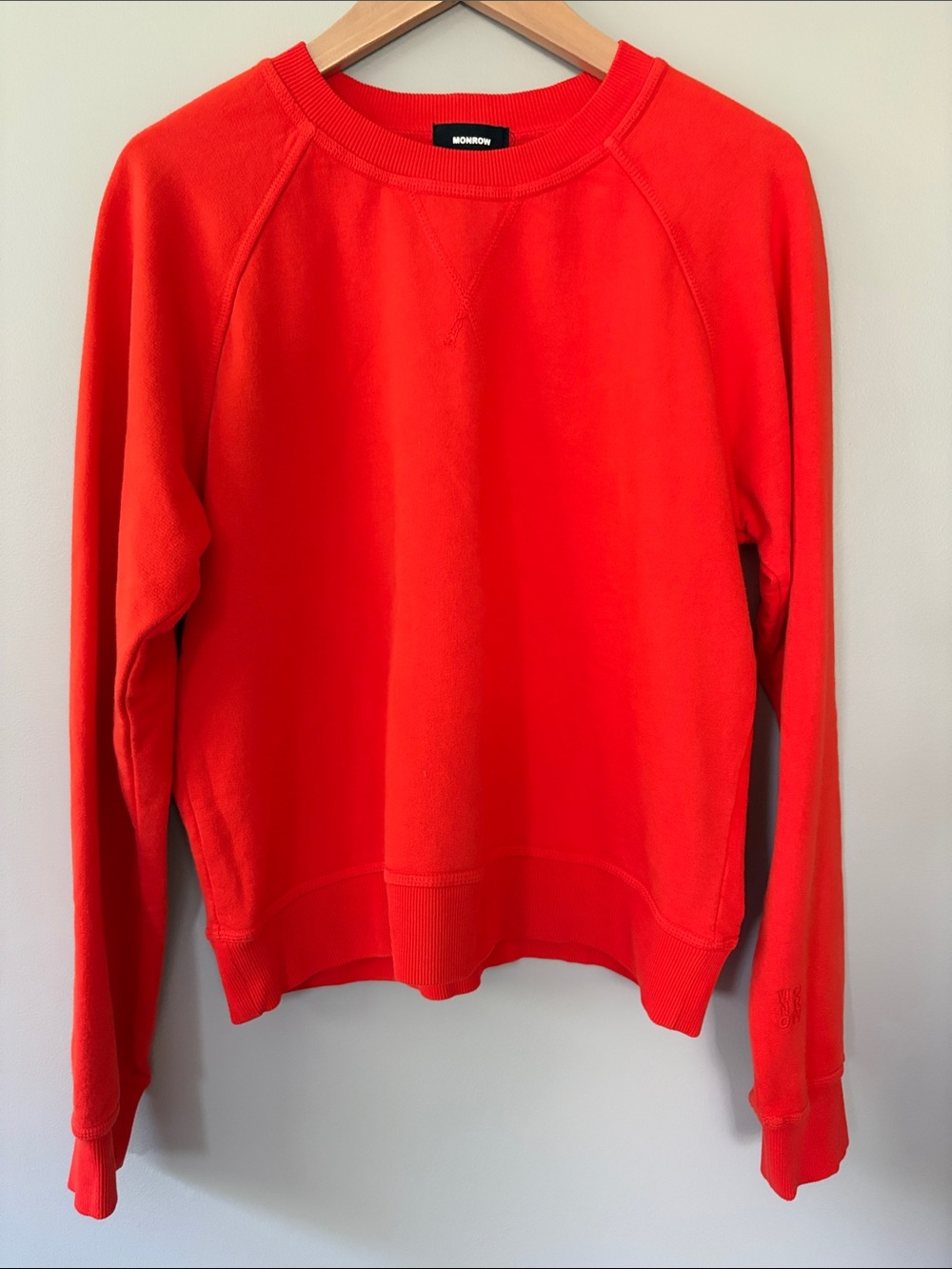 Monrow 90s Raglan Classic Crewneck Pullover Sweatshirt Large Tomato Red